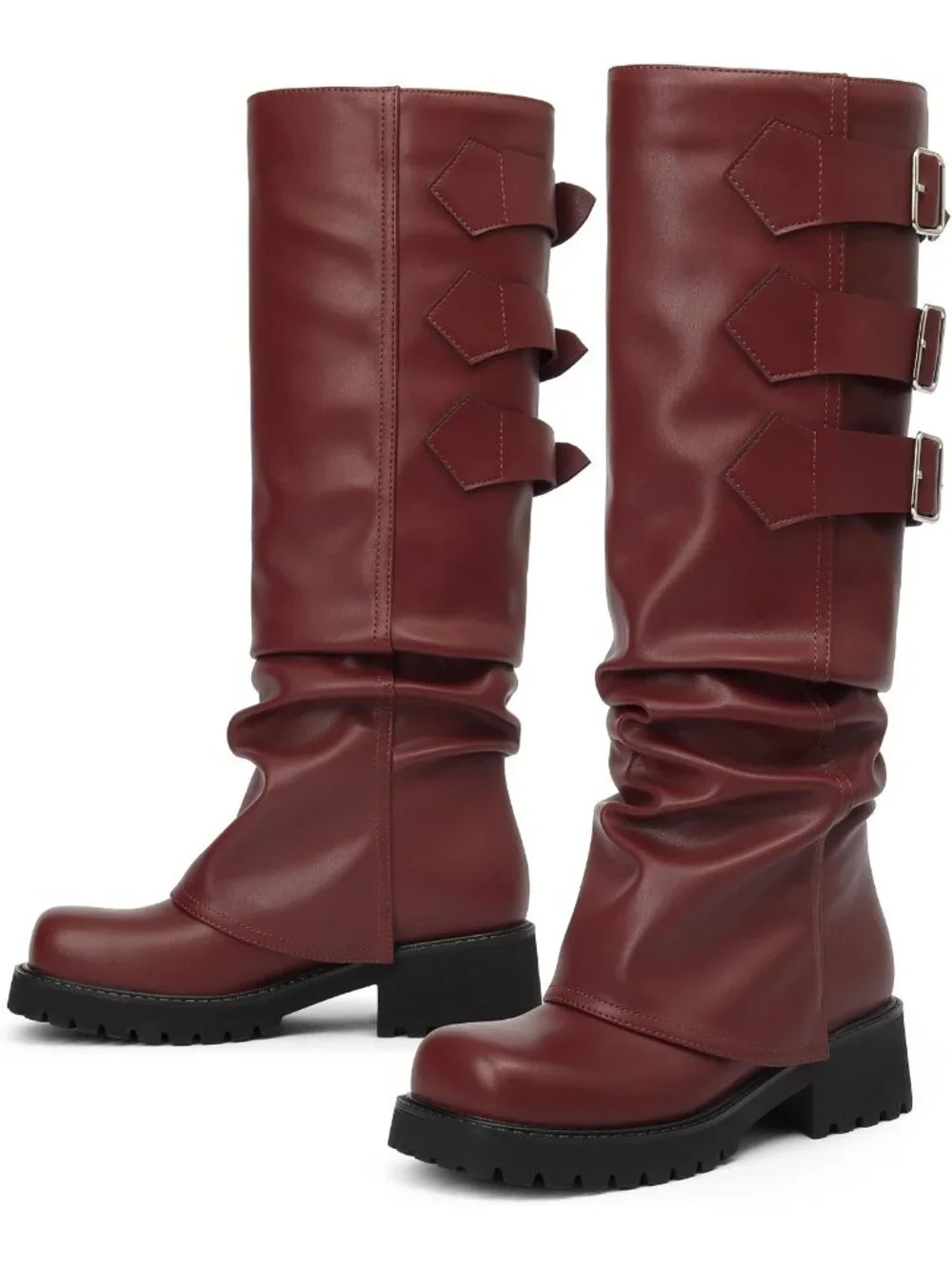 Women's Burgundy Adjustable Buckle Low Chunky Heel Square Toe Knee High Boots